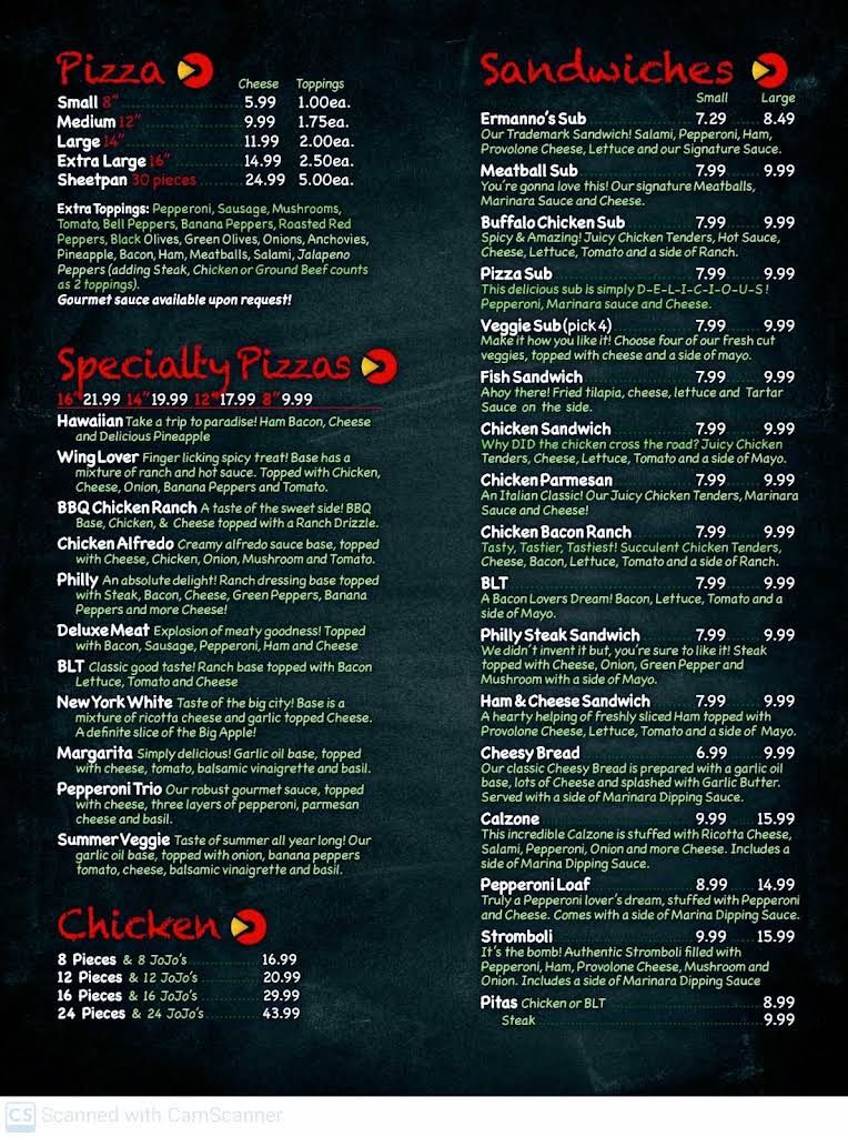 Ermanno's Pizza Menu 1