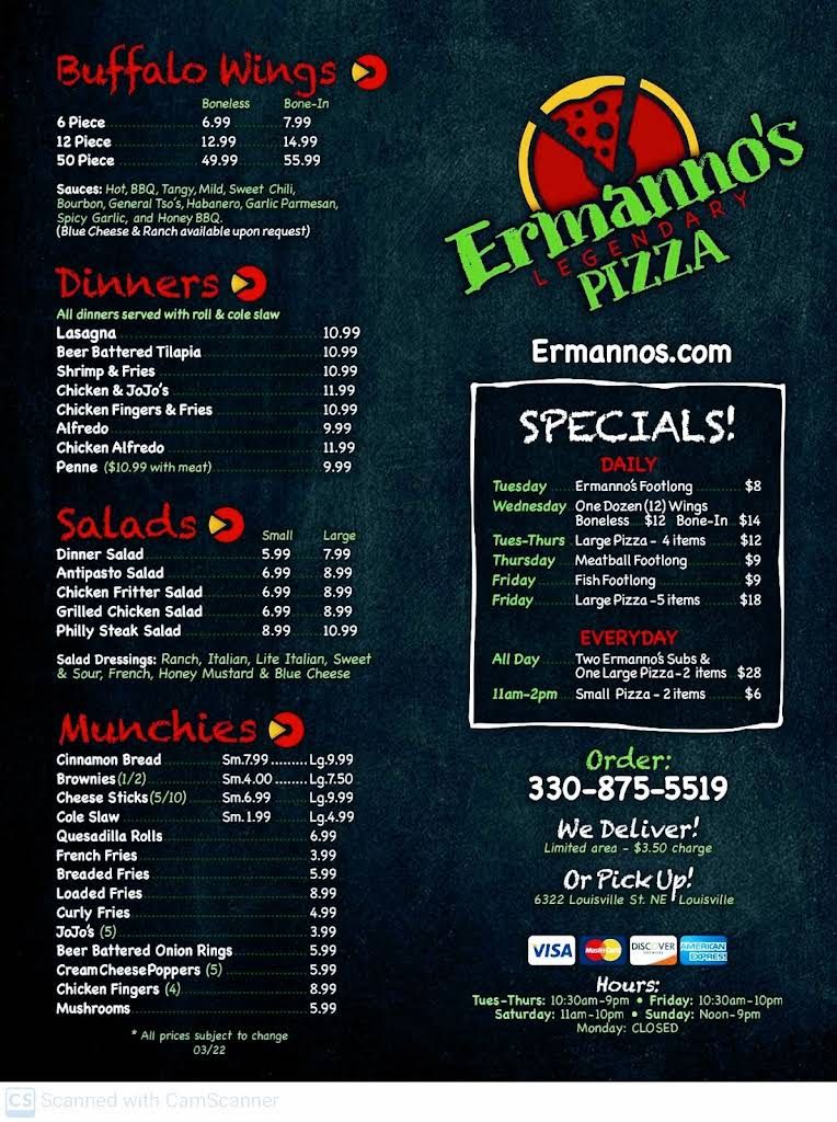 Ermanno's Pizza Menu 2